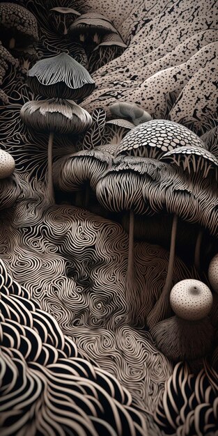 A drawing of mushrooms with the words " the word " on it.