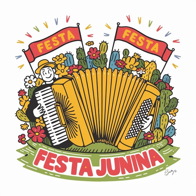 a drawing of a musical instrument with a banner that says  happy festival