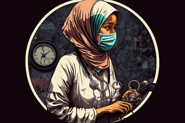 二次元で聴診器を使用しているイスラム教徒の医師の絵