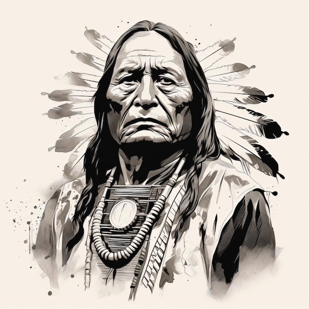 a drawing of a native american man with a feather headdress