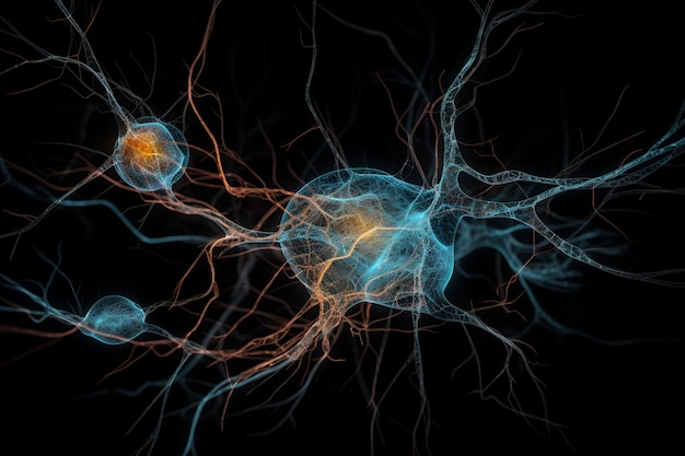 A drawing of a neuron with blue and orange lights