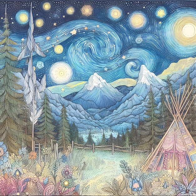 Drawing a night in the mountains on a starry night