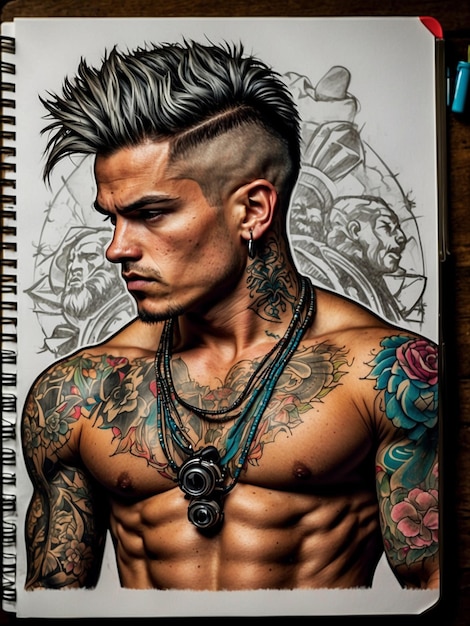 Drawing in a notebook of a muscular male model with tattoos and a modern haircut