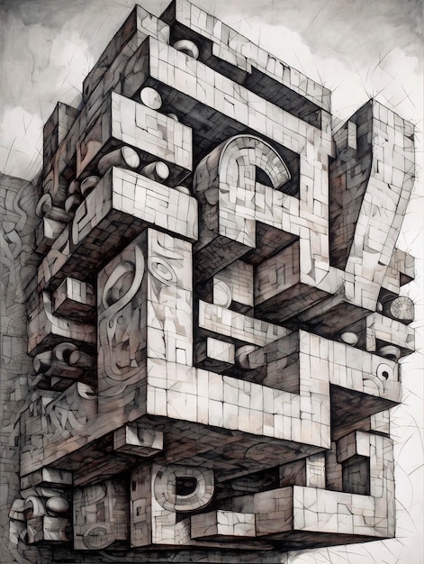 건물 스케치 위에 숫자를 그린 입체파 상세 AI 생성 AI 제너레이티브 AI 제네라티브