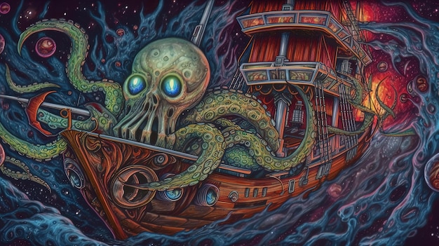 a drawing of a octopus on a boat with a giant octopus on the bottom