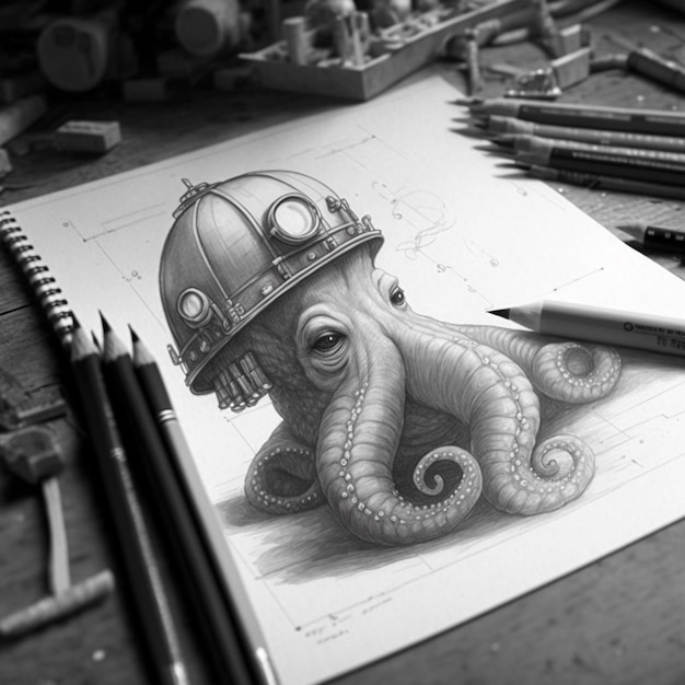 Photo a drawing of an octopus wearing a helmet is on a table.