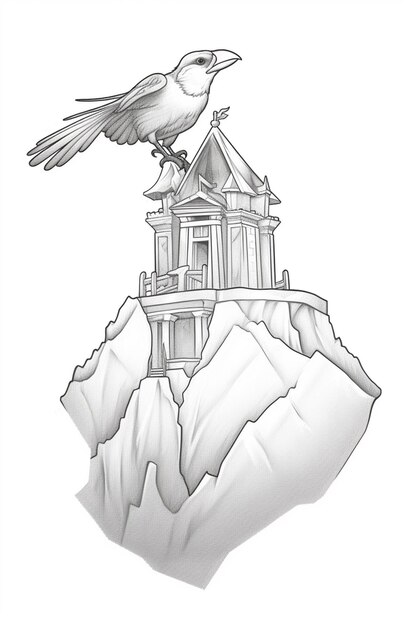 사진 산 위에 있는 건물 꼭대기에 앉아 있는 새의 그림