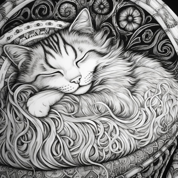 写真 花の背景の椅子で眠っている猫の絵