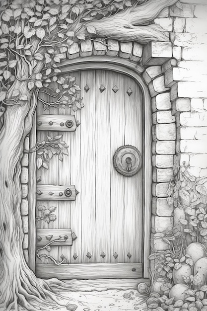 Фото Рисунок двери с деревом и каменной стеной генеративный ai