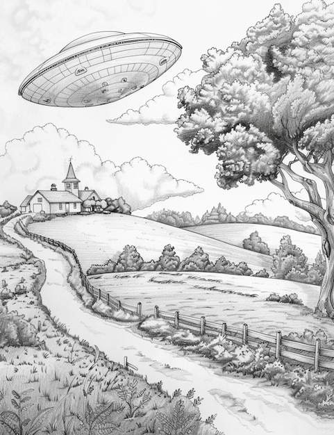 写真 飛行物体を描く 農村の風景を描く 木を描く