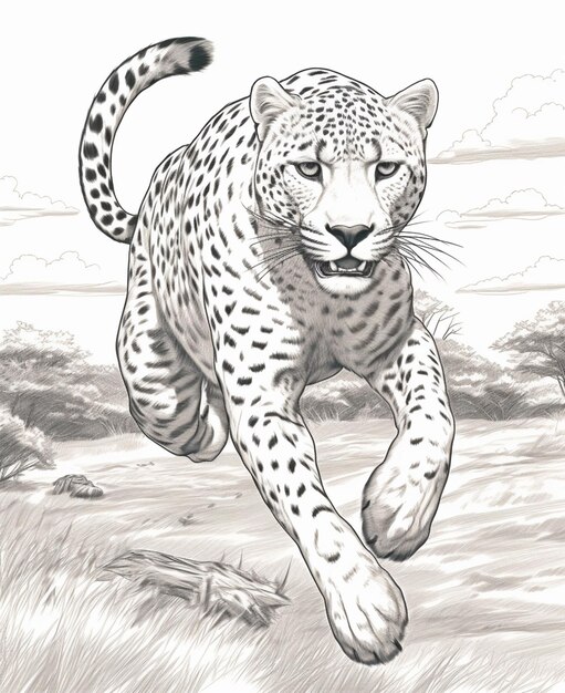 Фото Рисунок леопарда, бегущего в дикой природе с небесным фоном