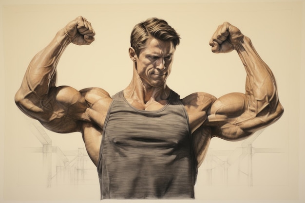 사진 단단한 표정으로 팔을 구부리는 근육이 많은 남자의 그림: 팔을 은 근육이 있는 젊은 남자의 그림, 세부적인 근육을 보여준다.
