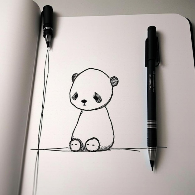 写真 パンダのクマがペンで紙の上に座っている絵
