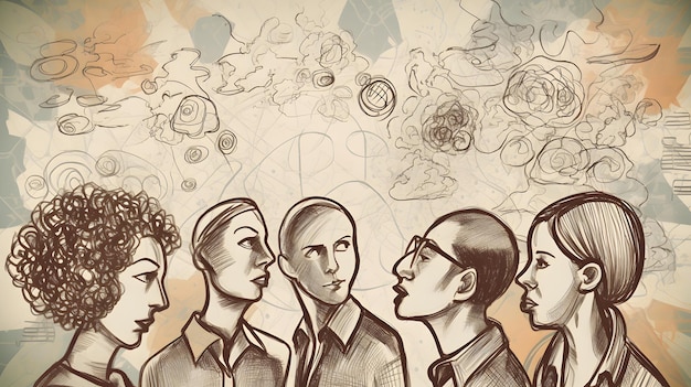 Фото Рисунок группы людей с пузырями мыслей, вылетающими из их голов генеративный ии