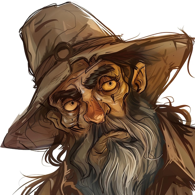 a drawing of an old man with a long beard and hat