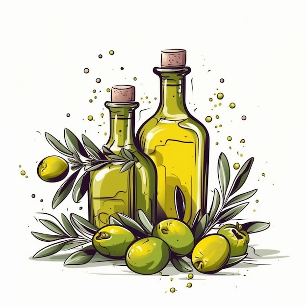 A drawing of olive oil and a bunch of olives.