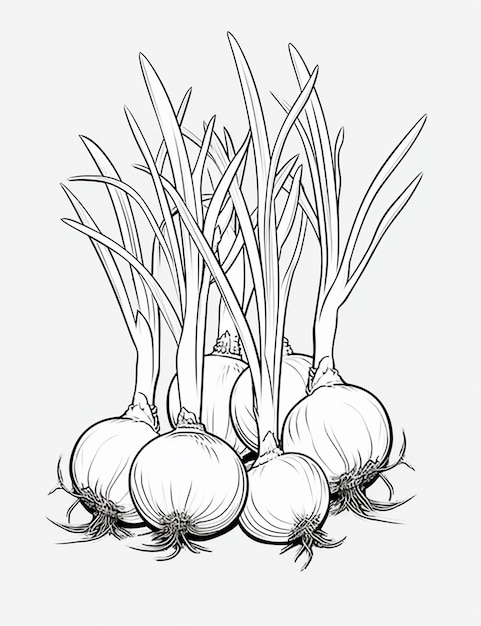 A drawing of onions with leaves and stems on a white background generative ai