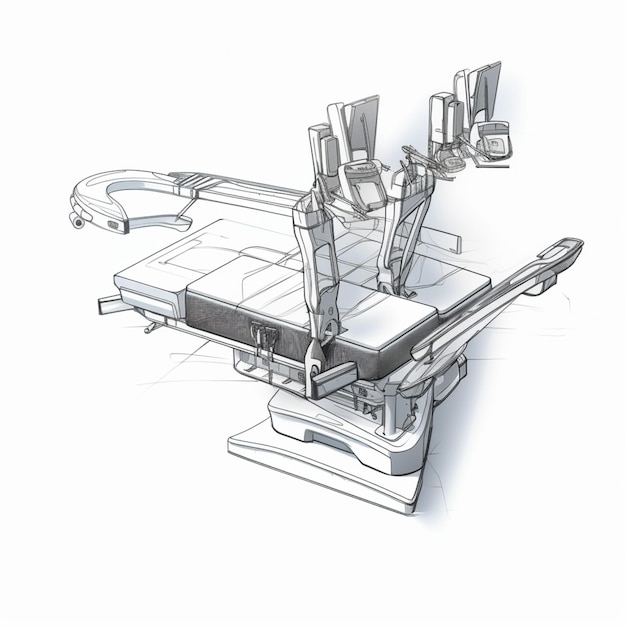 A drawing of a operating table with a robot on it.