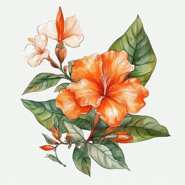 A drawing of orange hibiscus flowers with green leaves.