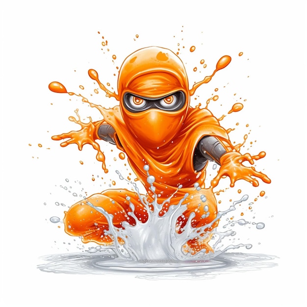 рисунок оранжевого ниндзя с брызгами апельсинового сока в воде.