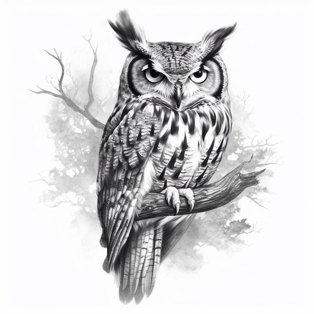 drawing of an owl sitting on a branch with a white background generative ai