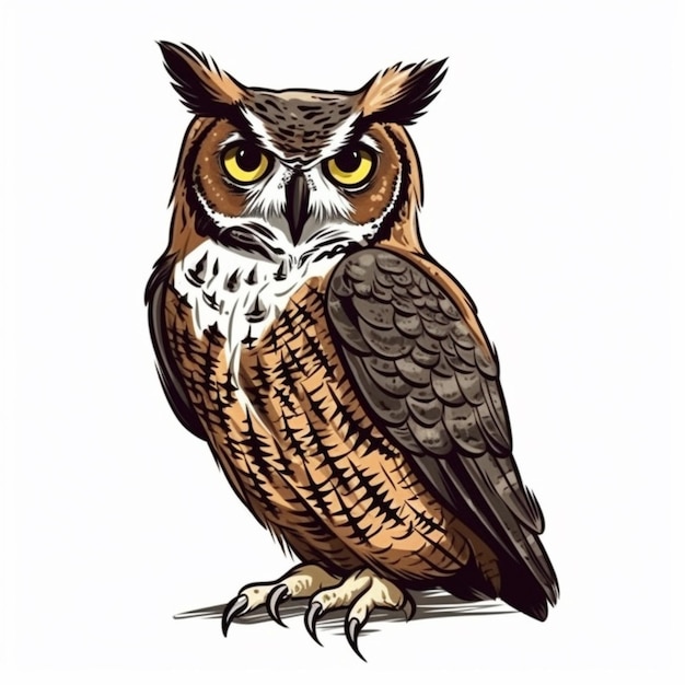 A drawing of an owl with yellow eyes and a black and white face.