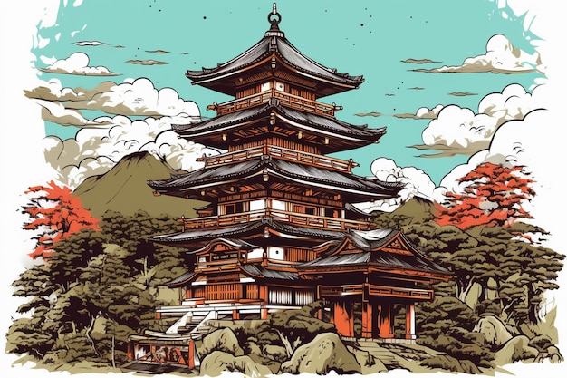 A drawing of a pagoda in a japanese garden with trees generative ai