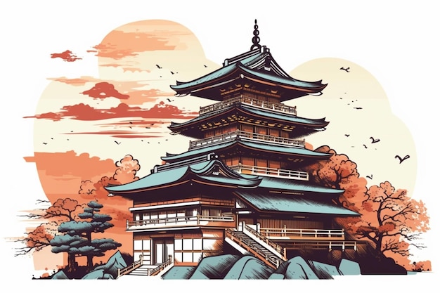 A drawing of a pagoda with a cloudy sky in the background.