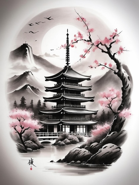 Foto un disegno di una pagoda con una luna sullo sfondo