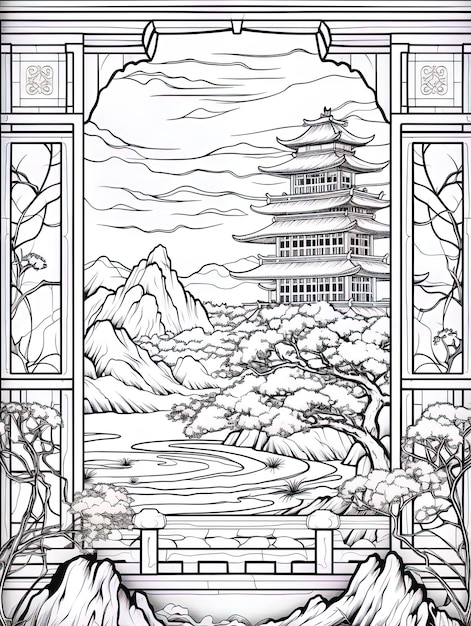 a drawing of a pagoda with a mountain in the background.