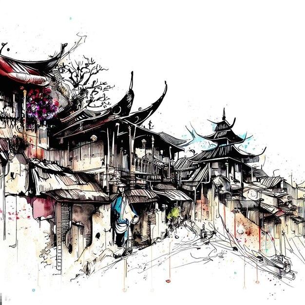 Photo a drawing of a pagoda with a red roof and a building in the background