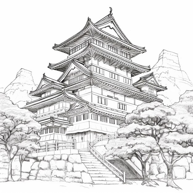 A drawing of a pagoda with steps leading up to it generative ai