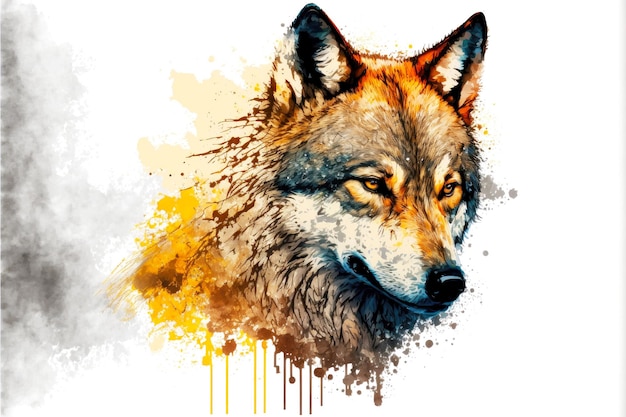 Photo drawing painted wolf head on white background