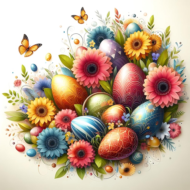 a drawing of a painting of easter eggs and flowers