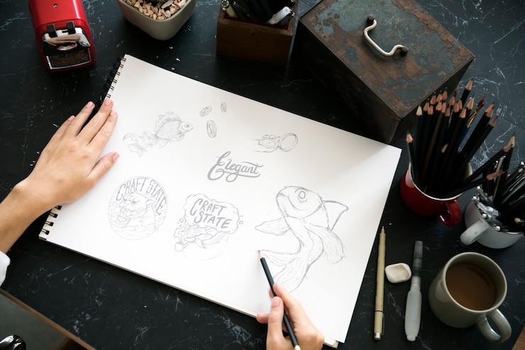 Photo drawing painting illustration sketch layout black marble table