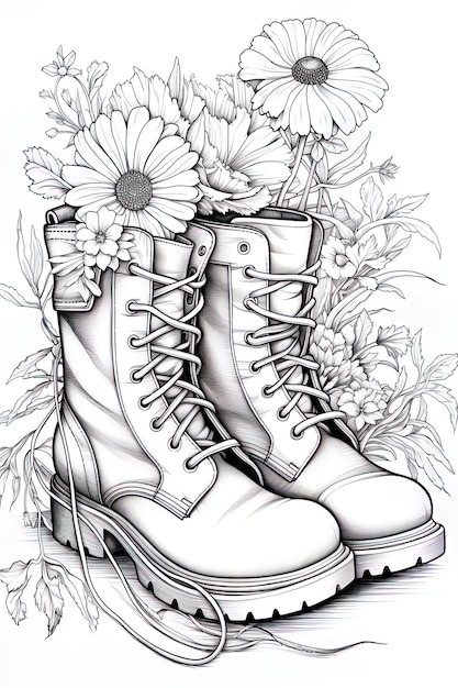 a drawing of a pair of boots with flowers and flowers