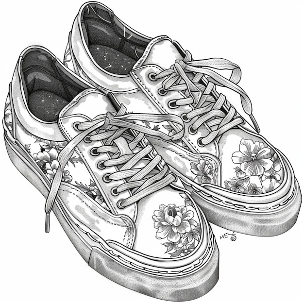 a drawing of a pair of converse shoes with a flower on the bottom