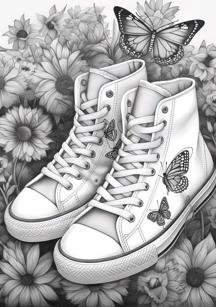a drawing of a pair of sneakers with a butterfly on the sole.
