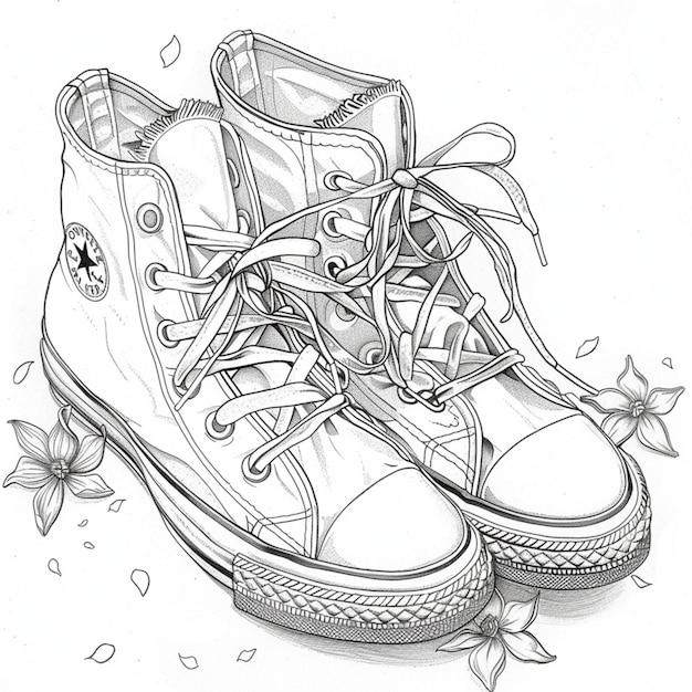 Foto un disegno di un paio di scarpe da ginnastica con un'immagine di una scarpa con un fiore al centro
