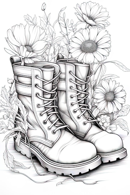 a drawing of a pair of white boots with flowers and a picture of daisies.