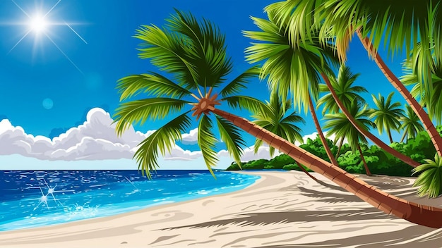 a drawing of a palm tree on a beach with a blue sky and clouds
