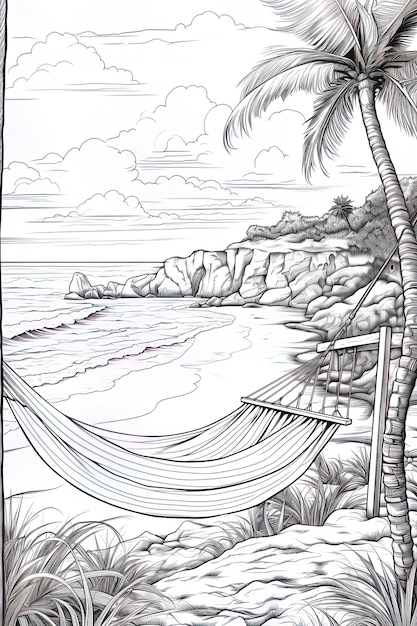 a drawing of a palm tree and the ocean in black and white.