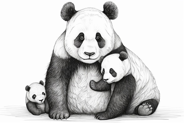 A drawing of a panda family with a baby bear.