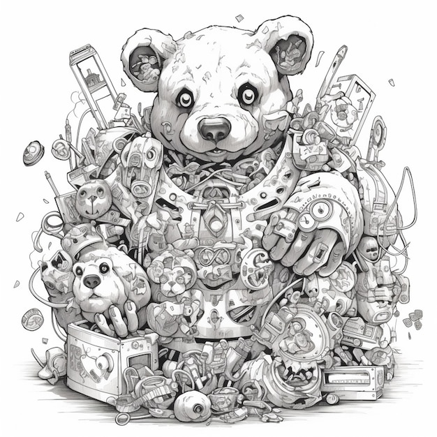 Foto un disegno di un panda circondato da cianfrusaglie