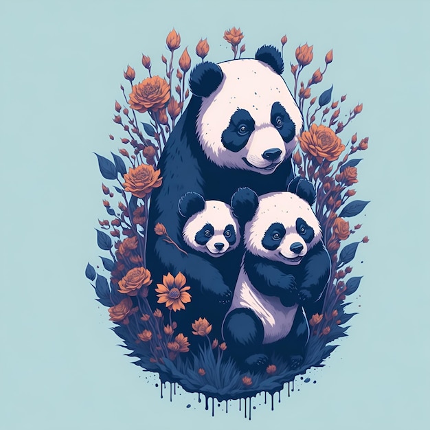 A drawing of a panda with a blue background and a bear holding a baby.