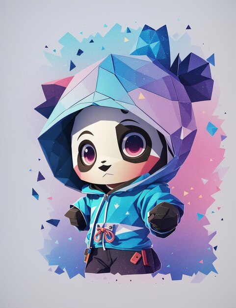 A drawing of a panda with a blue jacket and a blue hoodie.