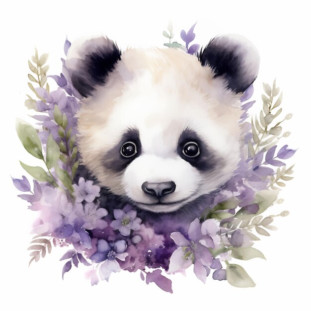 A drawing of a panda with flowers and a picture of a panda