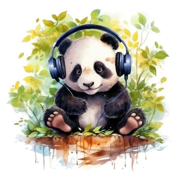 a drawing of a panda with headphones on and a picture of a panda.