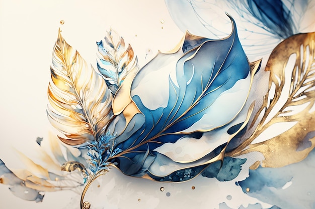 Drawing on paper with watercolors of flowers of plants and leaves in blue and gold paints Generative AI