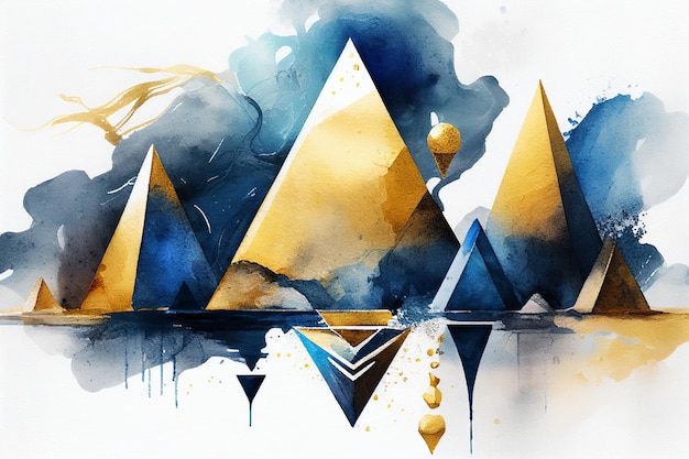 Drawing on paper with watercolors of several pyramids in blue and gold paints Generative AI